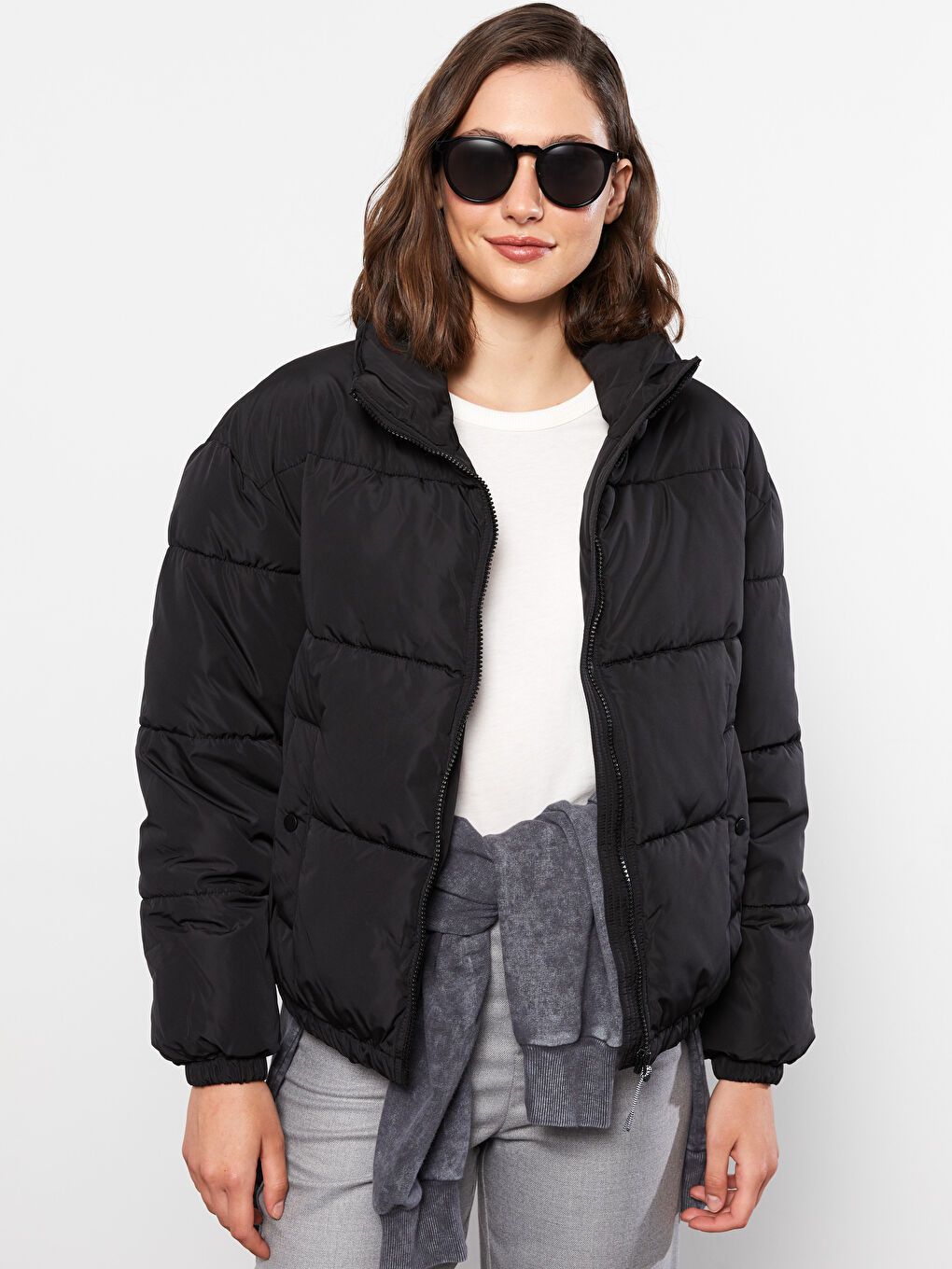 هودي بياقة عالية كم طويل عادي نساء معطف سميك-1