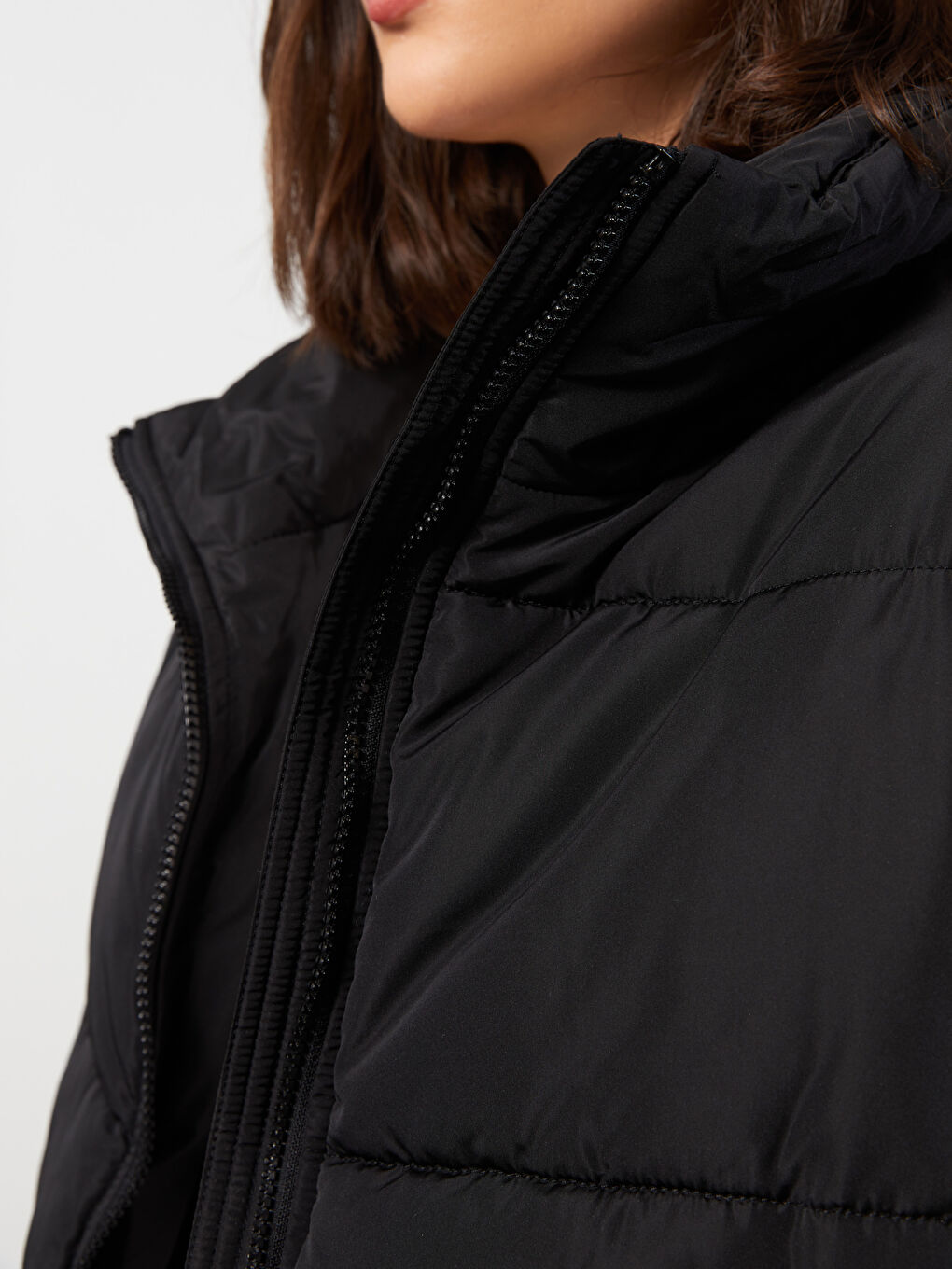 هودي بياقة عالية كم طويل عادي نساء معطف سميك-3