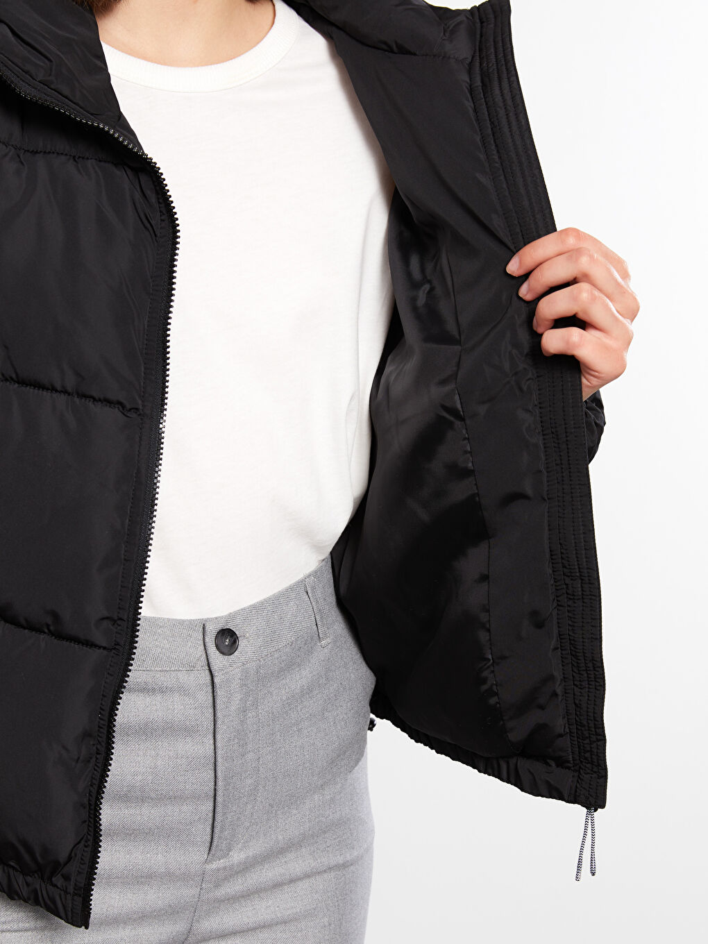 هودي بياقة عالية كم طويل عادي نساء معطف سميك-4