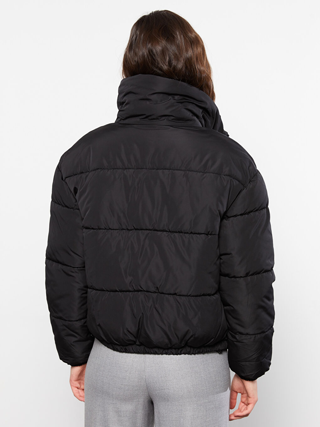 هودي بياقة عالية كم طويل عادي نساء معطف سميك-5