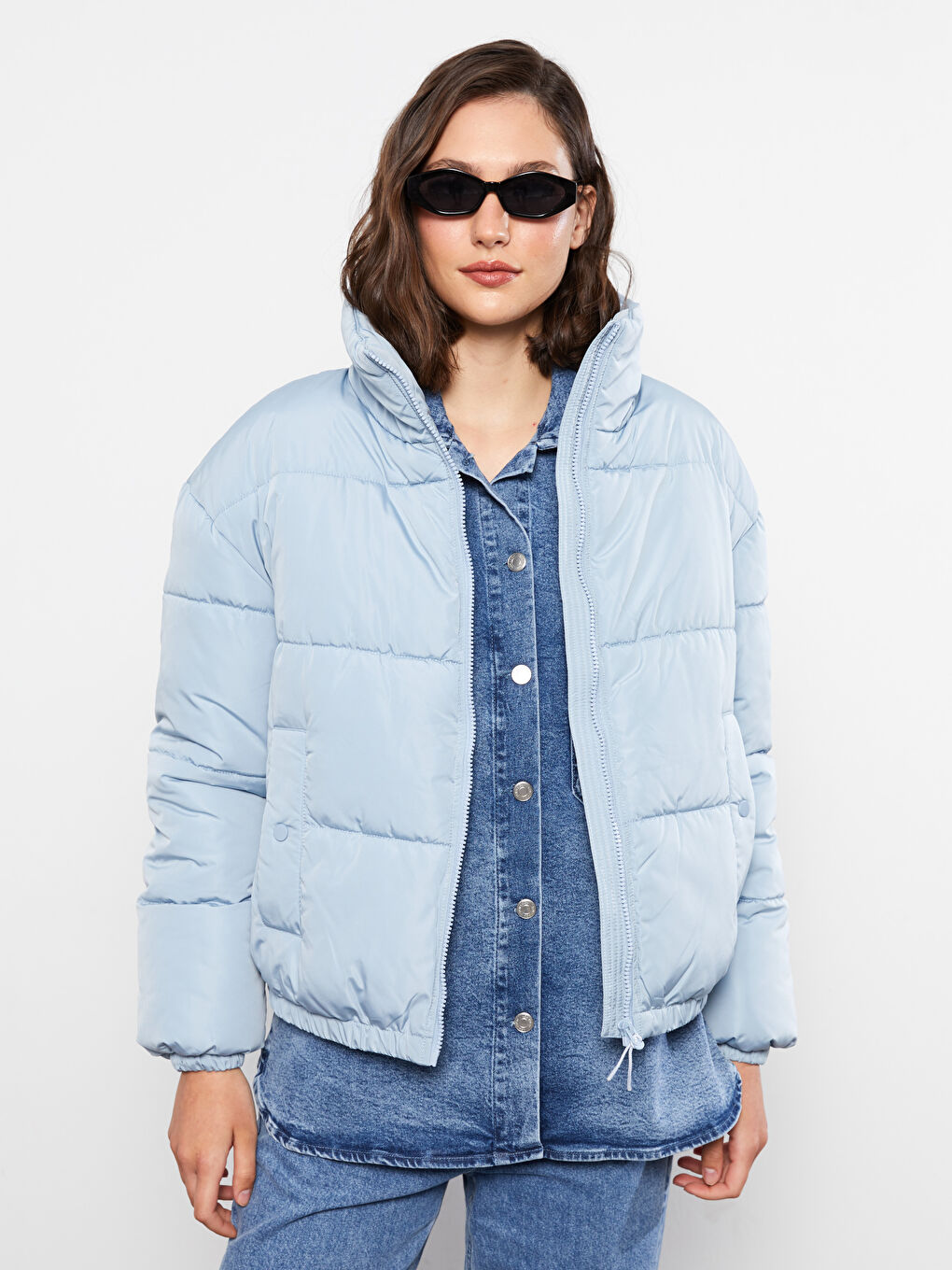 ياقة قمع كم طويل عادي معطف منتفخ للسيدات-1