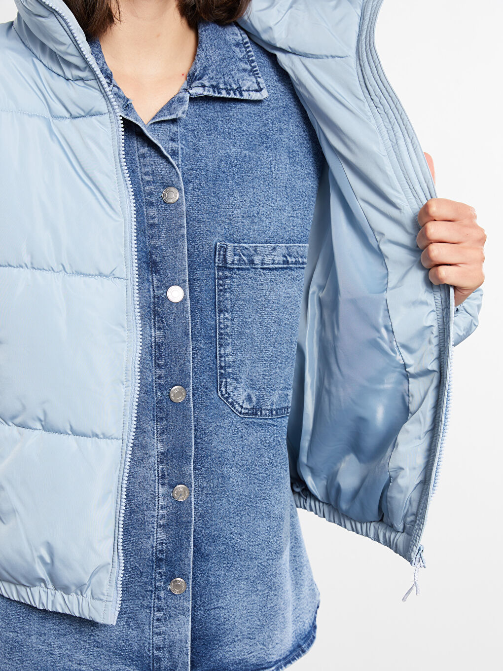 ياقة قمع كم طويل عادي معطف منتفخ للسيدات-3