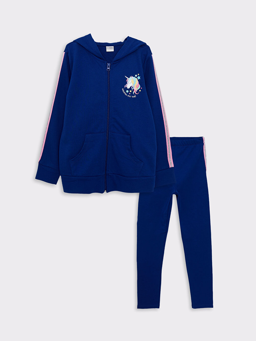Lacivert Kapüşonlu Baskılı Uzun Kollu Kız Çocuk Fermuarlı Sweatshirt ve Tayt