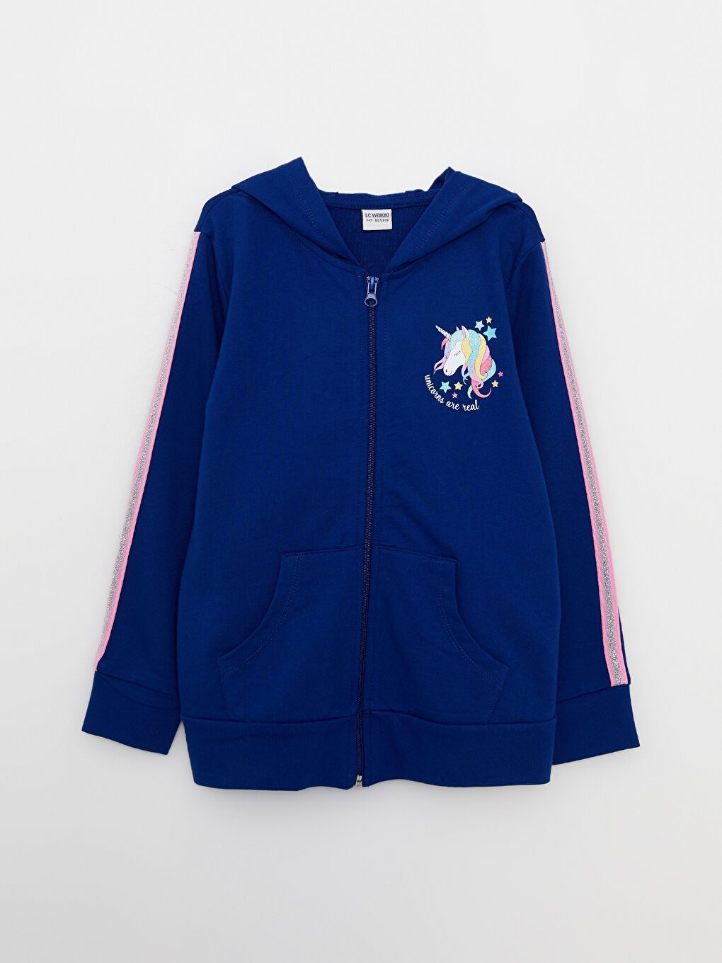 Lacivert Kapüşonlu Baskılı Uzun Kollu Kız Çocuk Fermuarlı Sweatshirt ve Tayt-1