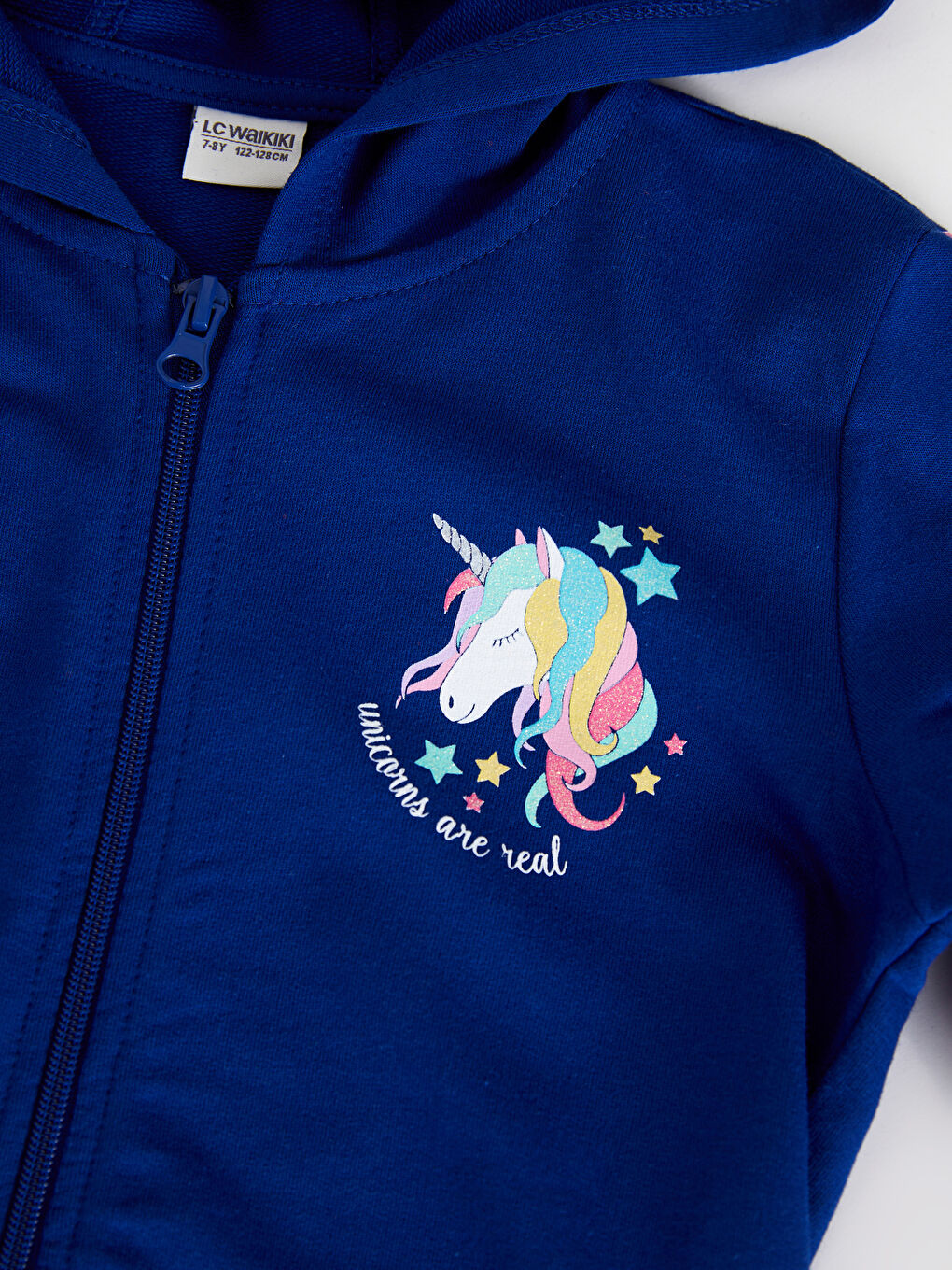 Lacivert Kapüşonlu Baskılı Uzun Kollu Kız Çocuk Fermuarlı Sweatshirt ve Tayt-2