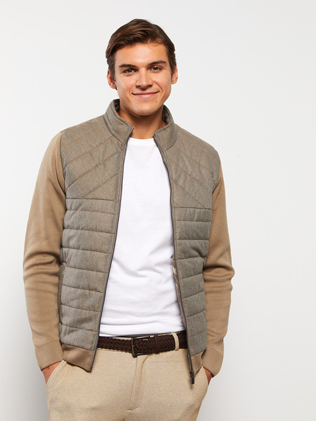 Bej Slim Fit Dik Yaka Erkek Triko Mont-1