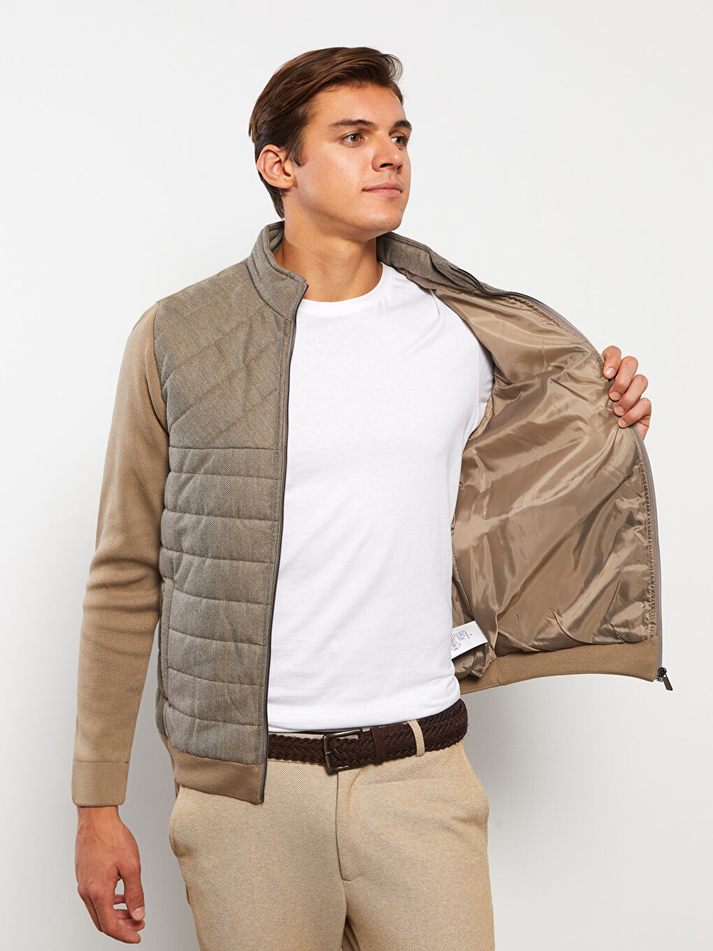 Bej Slim Fit Dik Yaka Erkek Triko Mont-2