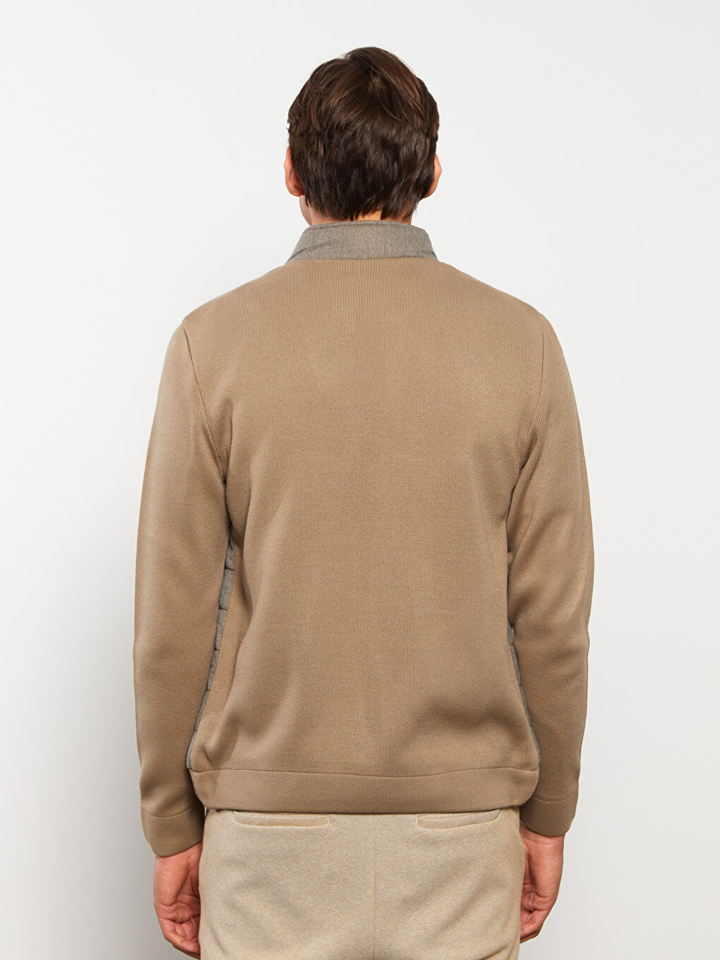 Bej Slim Fit Dik Yaka Erkek Triko Mont-4