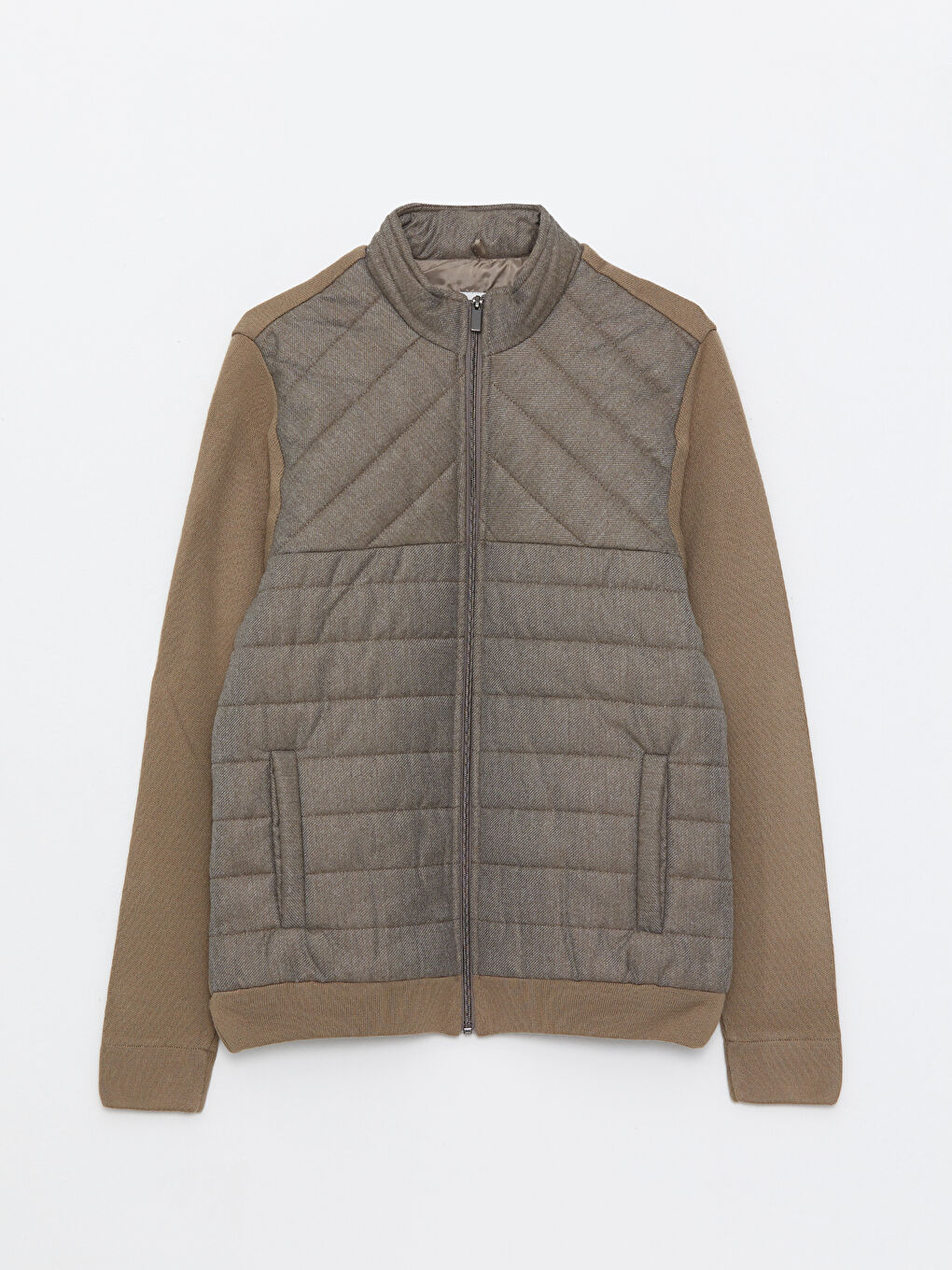 Bej Slim Fit Dik Yaka Erkek Triko Mont-5