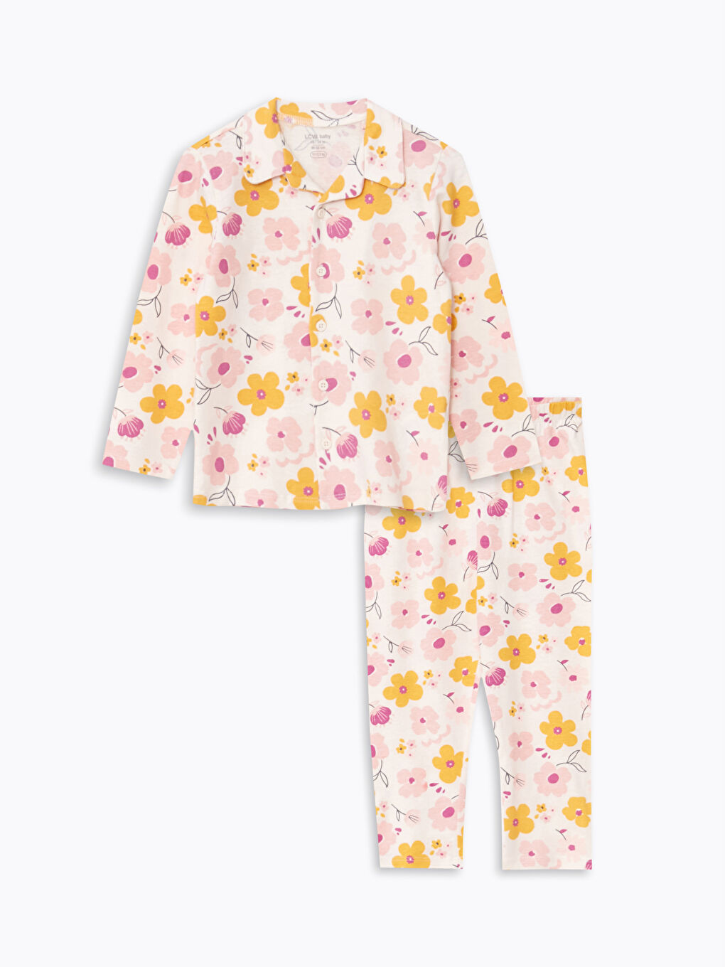 Ekru Polo Yaka Uzun Kollu Baskılı Kız Bebek Pijama Takımı