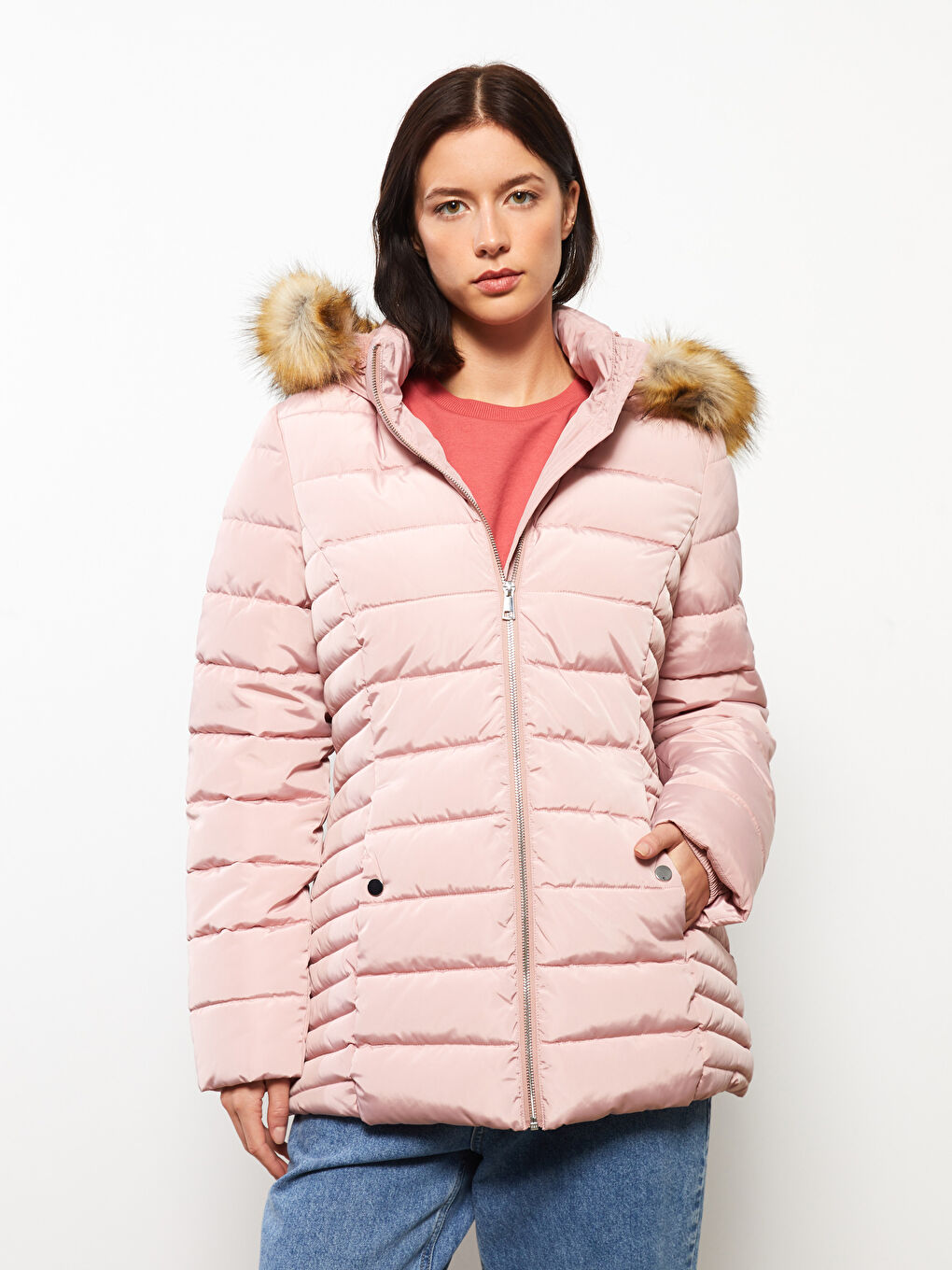 LCWAIKIKI Classic Pembe Kadın Kapüşonlu Düz Şişme Mont