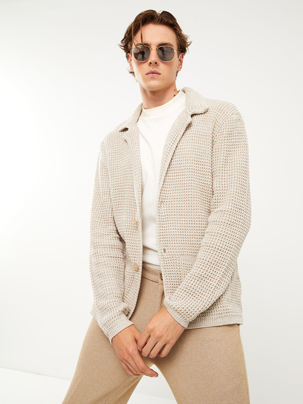 Bej Slim Fit Şal Yaka Erkek Triko Hırka