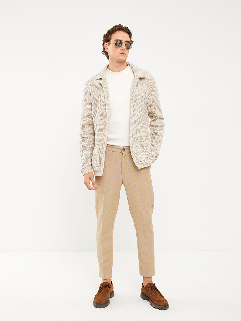 Bej Slim Fit Şal Yaka Erkek Triko Hırka-2