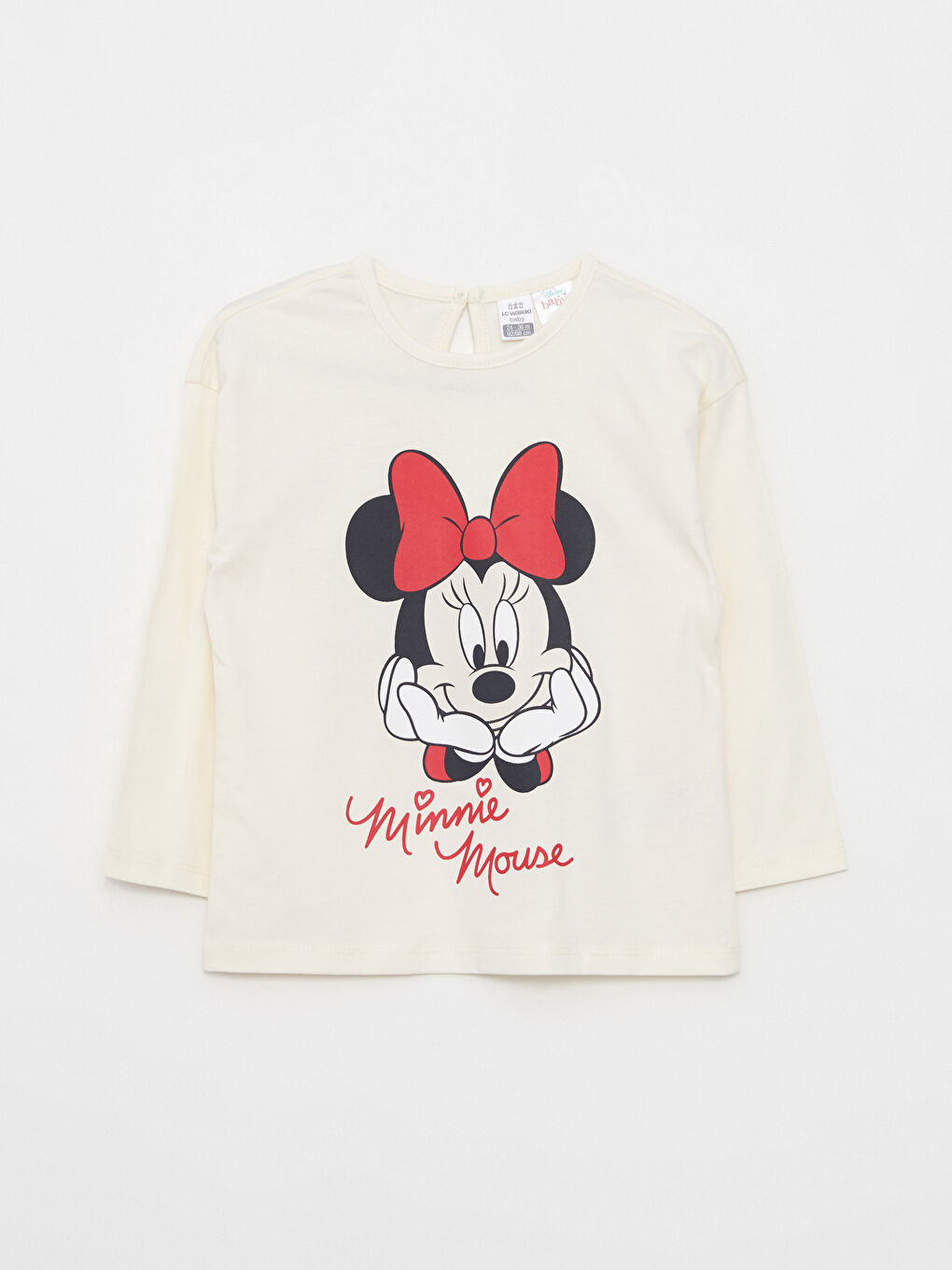 Ekru Bisiklet Yaka Uzun Kollu Minnie Mouse Baskılı Kız Bebek Pijama Takım-1