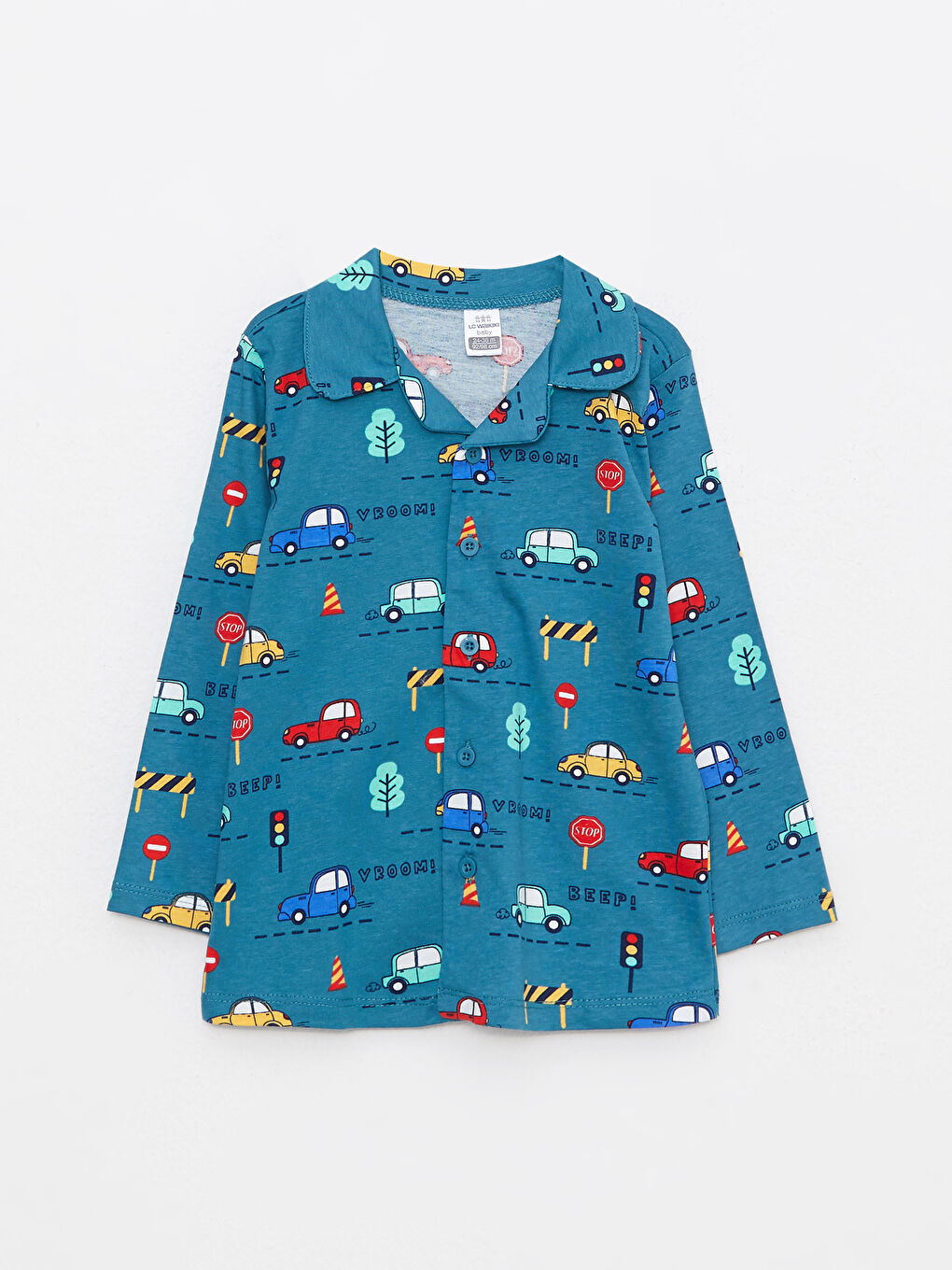 Petrol Polo Yaka Uzun Kollu Baskılı Erkek Bebek Pijama Takım-1