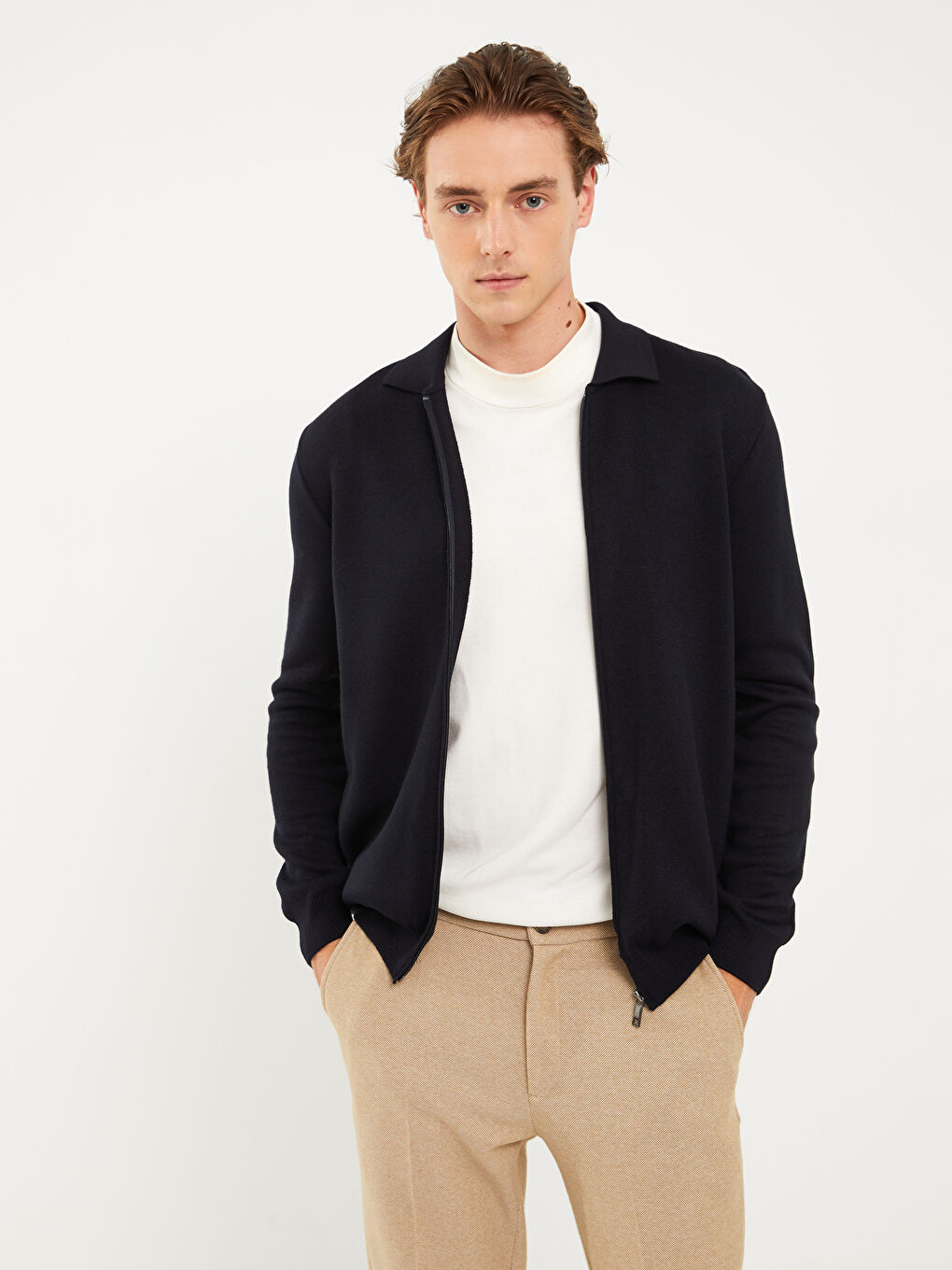 Lacivert Slim Fit Dik Yaka İnce Triko Hırka-1