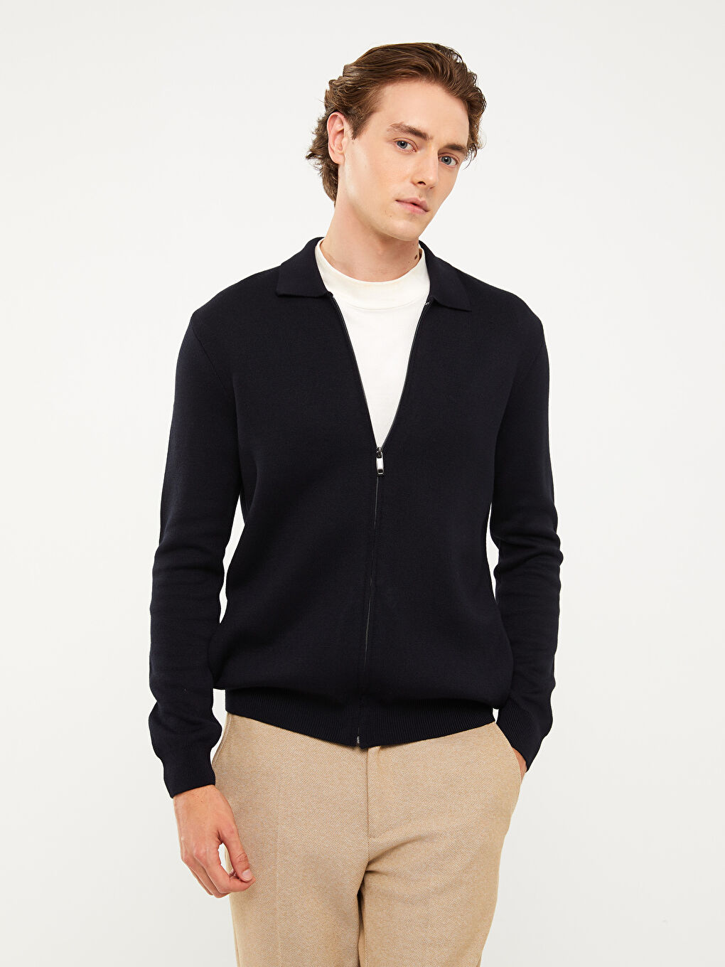 Lacivert Slim Fit Dik Yaka İnce Triko Hırka-2