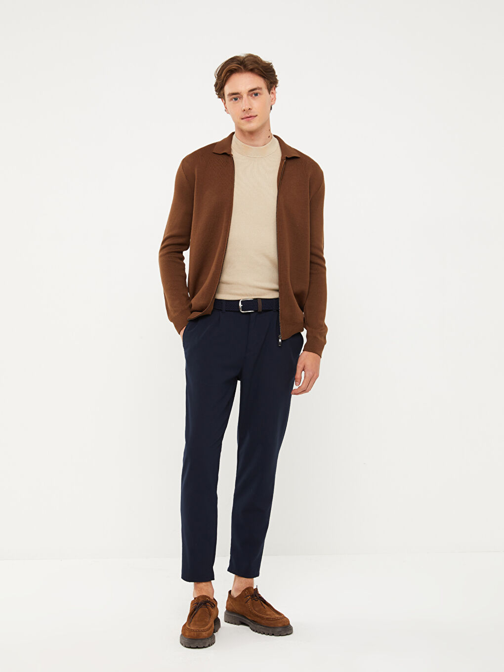 Bej Slim Fit Dik Yaka İnce Triko Hırka