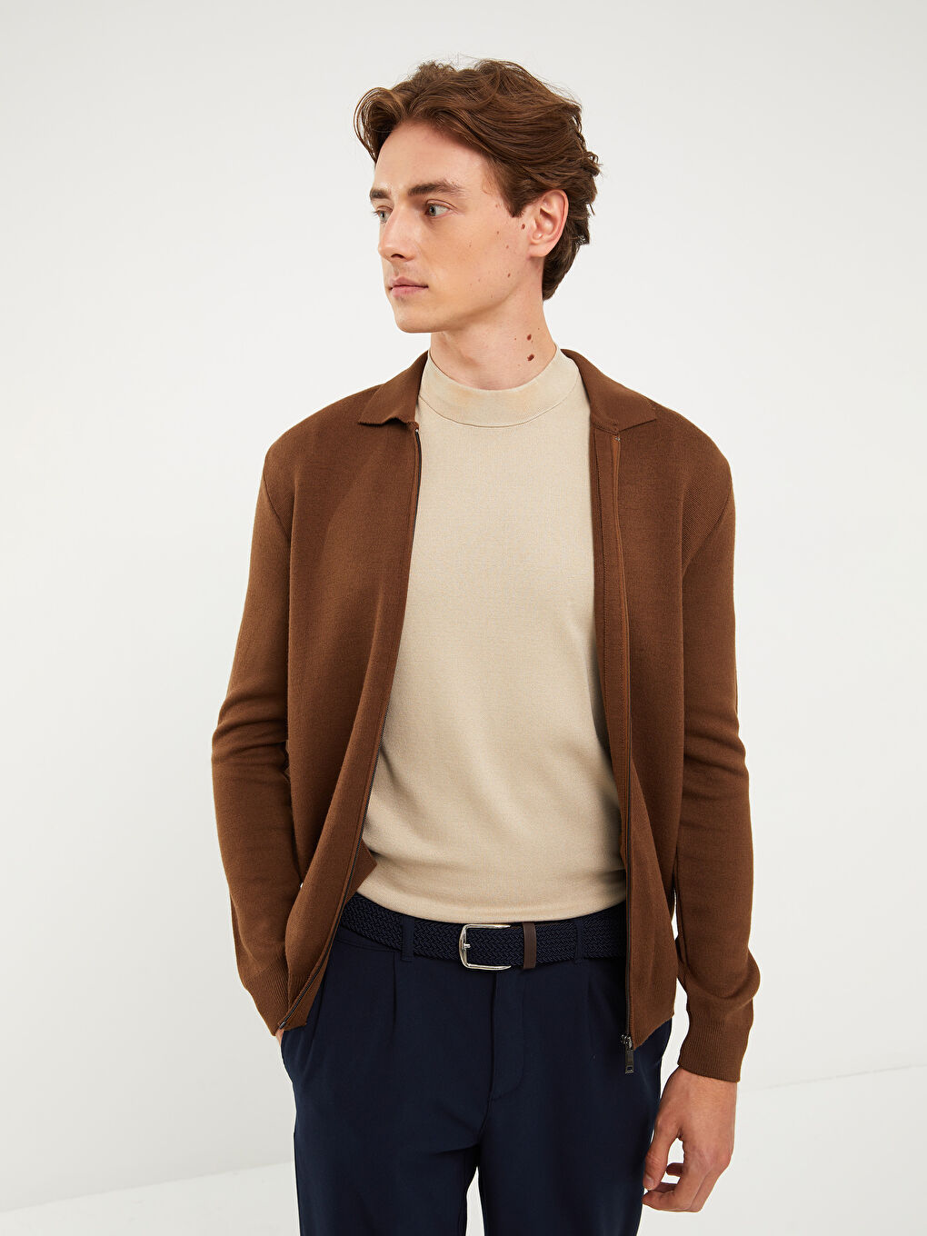 Bej Slim Fit Dik Yaka İnce Triko Hırka-1