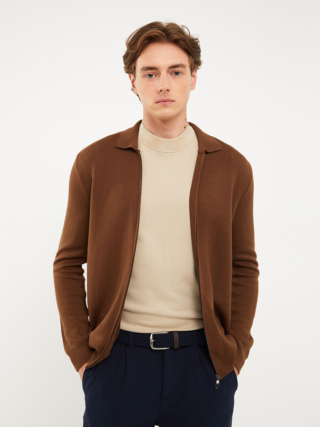 Bej Slim Fit Dik Yaka İnce Triko Hırka-2