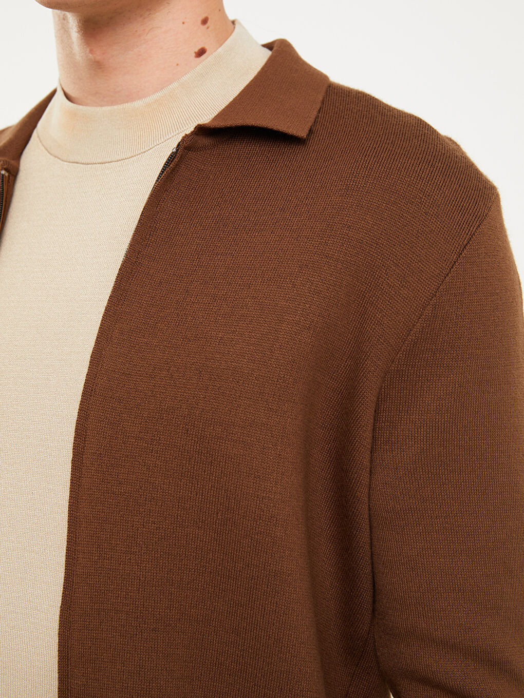 Bej Slim Fit Dik Yaka İnce Triko Hırka-3