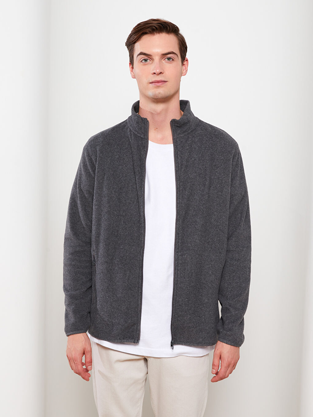 Gri Rahat Kalıp Dik Yaka Erkek Spor Hırka-1