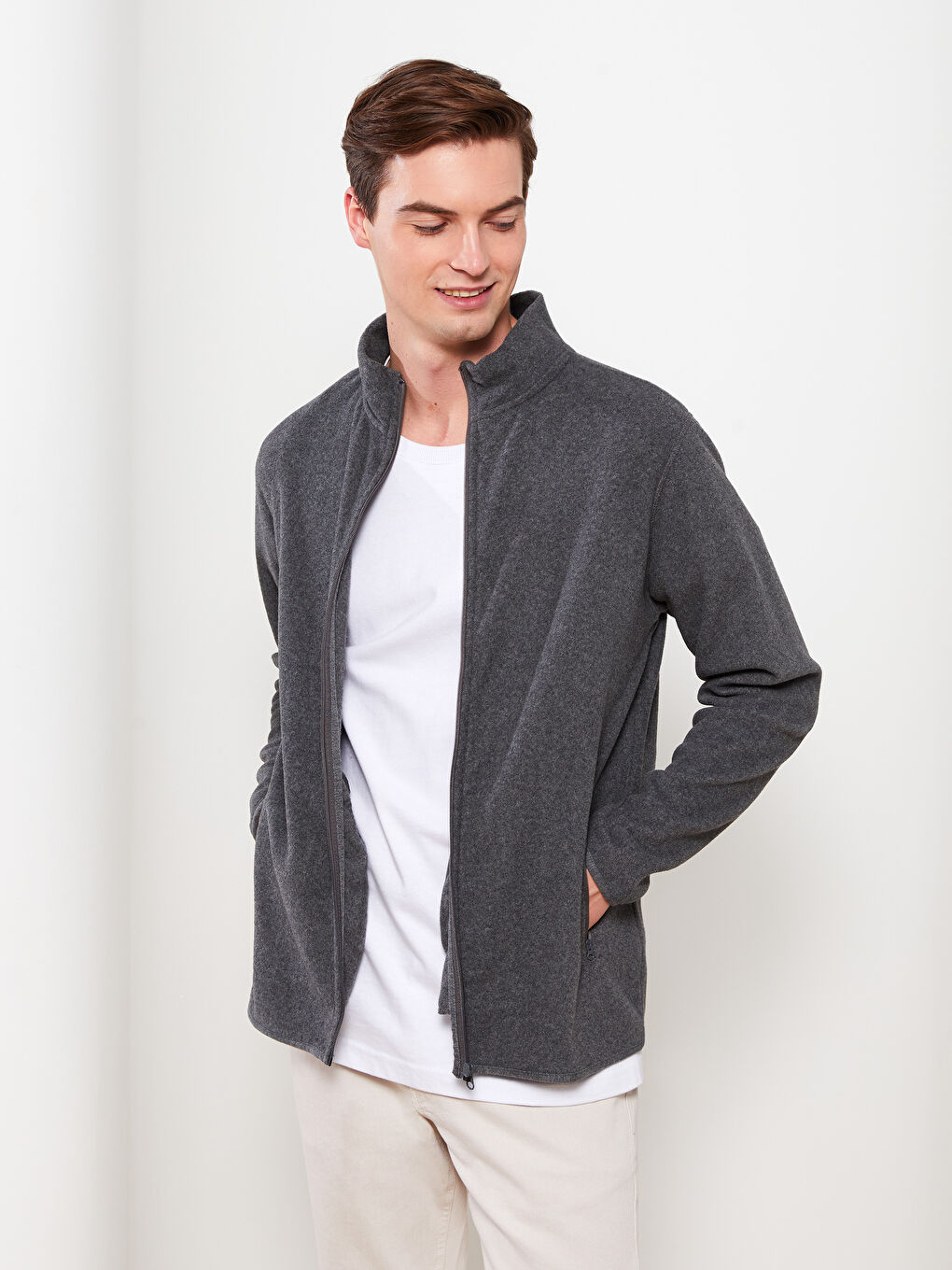 Gri Rahat Kalıp Dik Yaka Erkek Spor Hırka-2