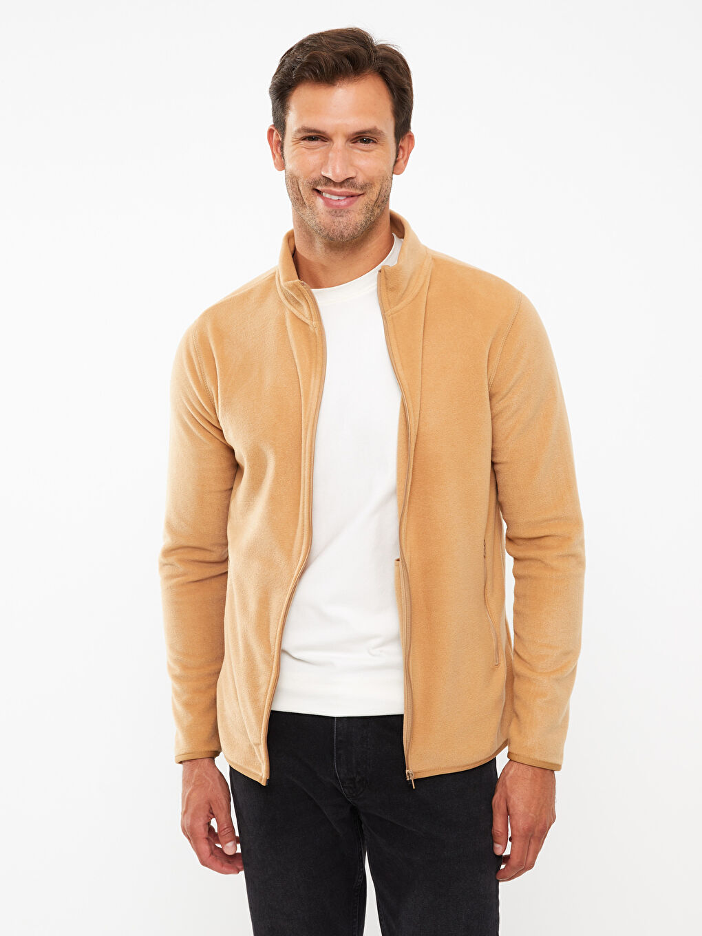 Bej Rahat Kalıp Dik Yaka Erkek Spor Hırka-2