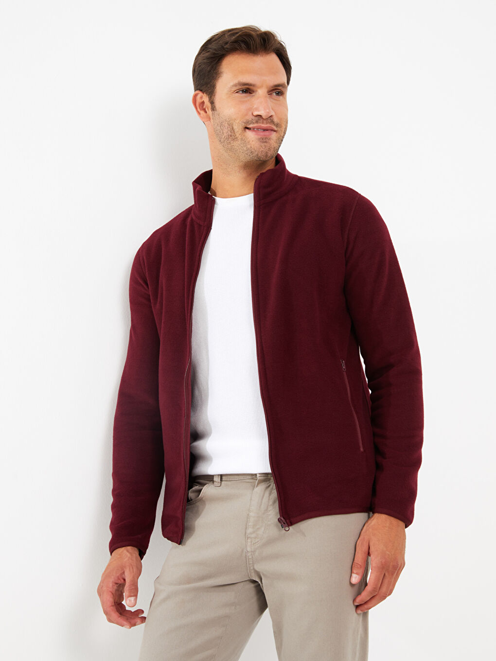 Bordo Rahat Kalıp Dik Yaka Erkek Spor Hırka