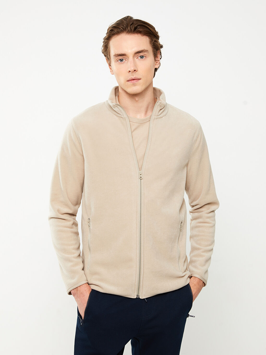 Bej Rahat Kalıp Dik Yaka Erkek Spor Hırka