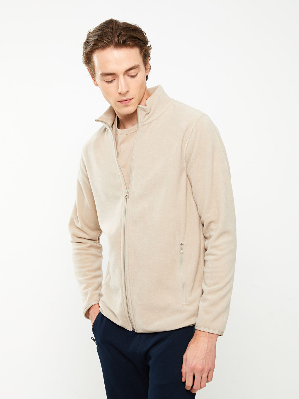 Bej Rahat Kalıp Dik Yaka Erkek Spor Hırka-1