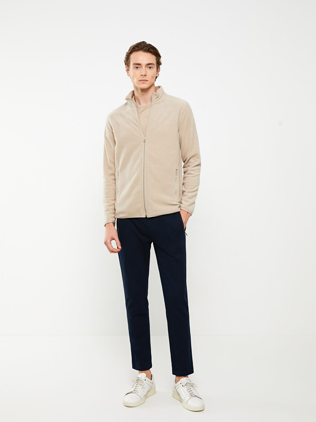 Bej Rahat Kalıp Dik Yaka Erkek Spor Hırka-2