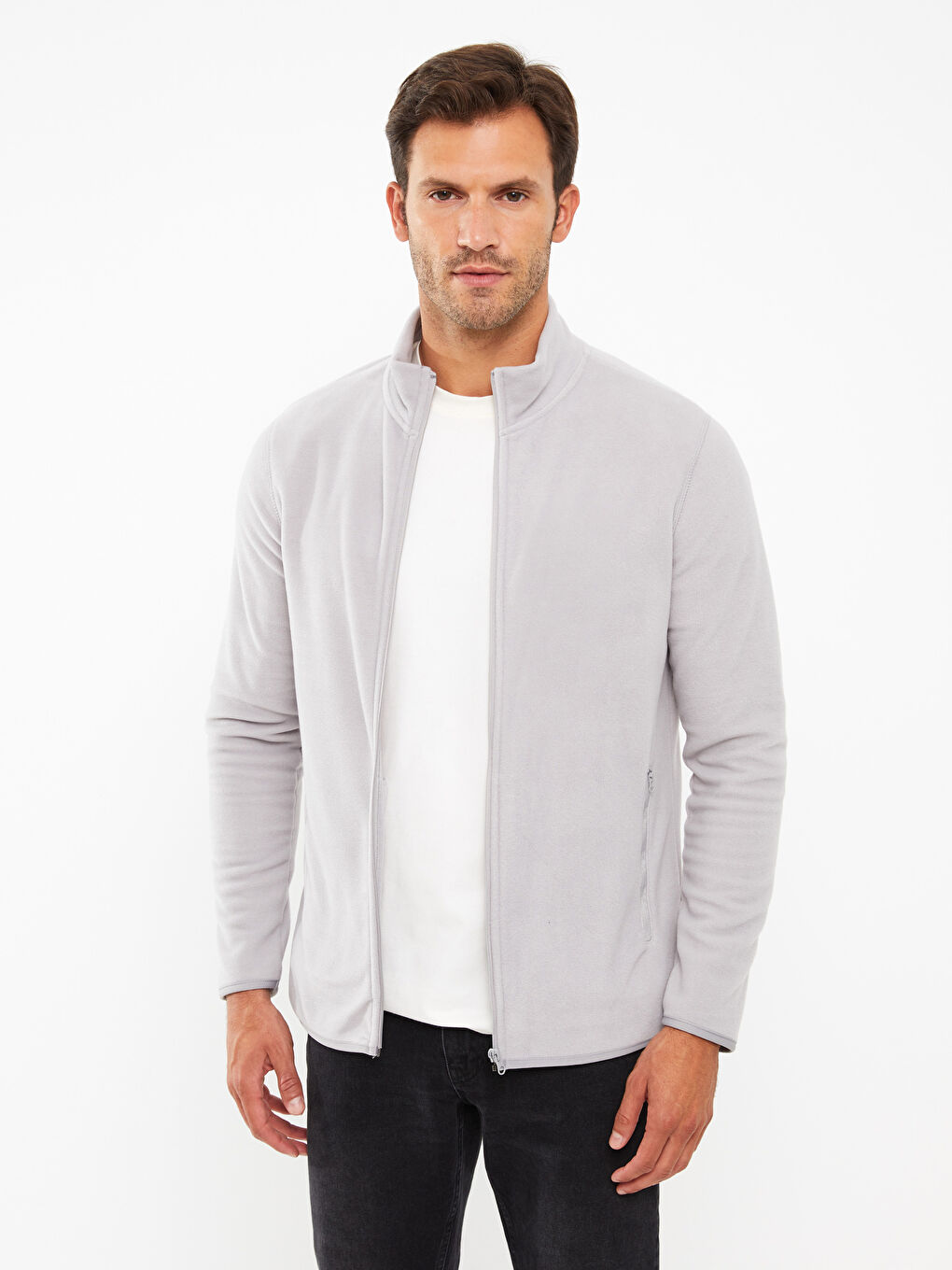 Gri Rahat Kalıp Dik Yaka Erkek Spor Hırka-1