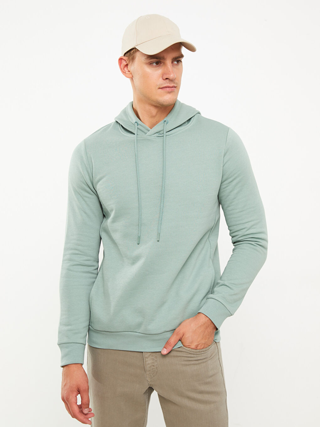 LCWAIKIKI Basic Mat Yeşil Uzun Kollu Erkek Hoodie