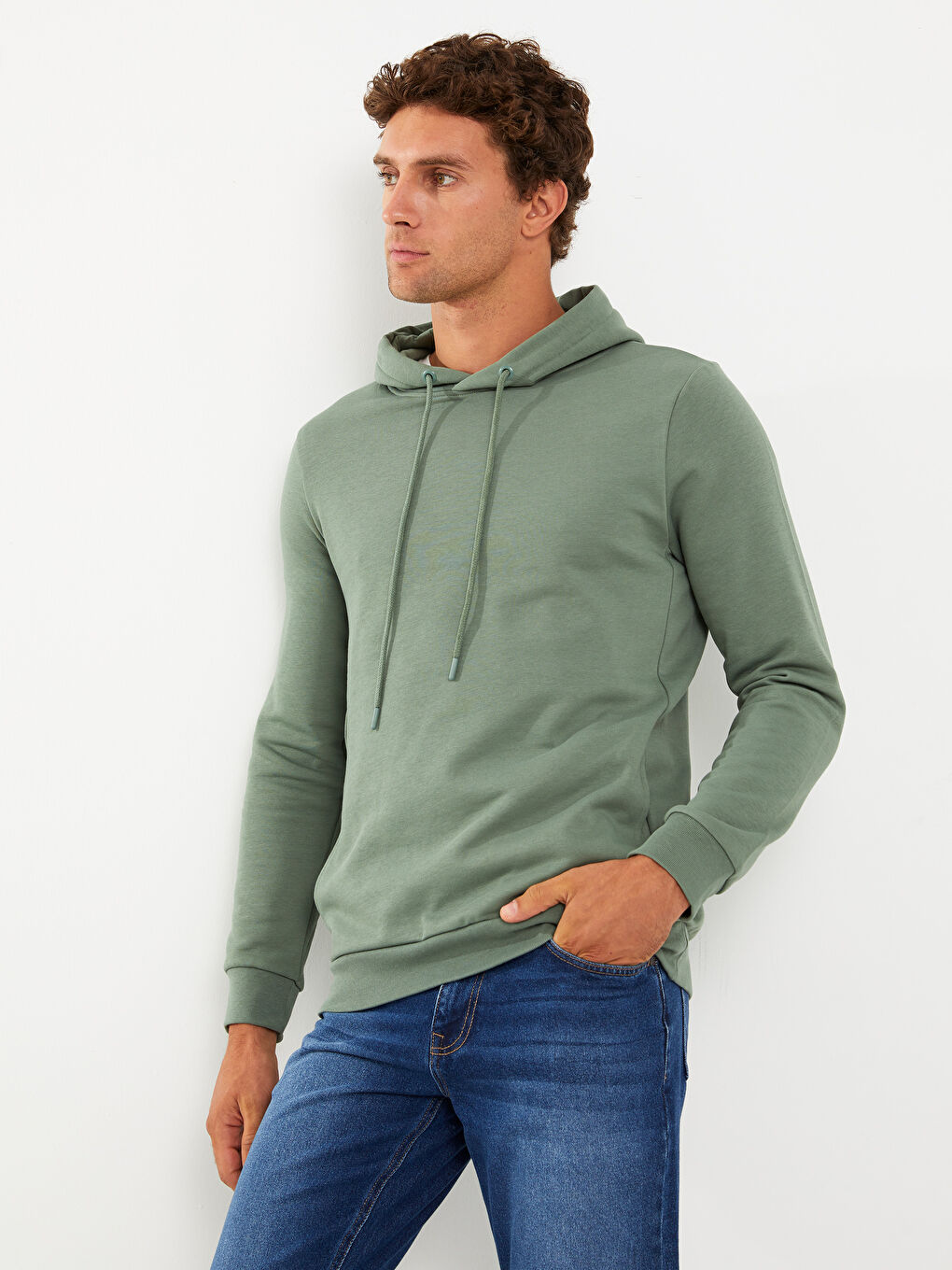 LCWAIKIKI Basic Yeşil Uzun Kollu Erkek Kalın Hoodie