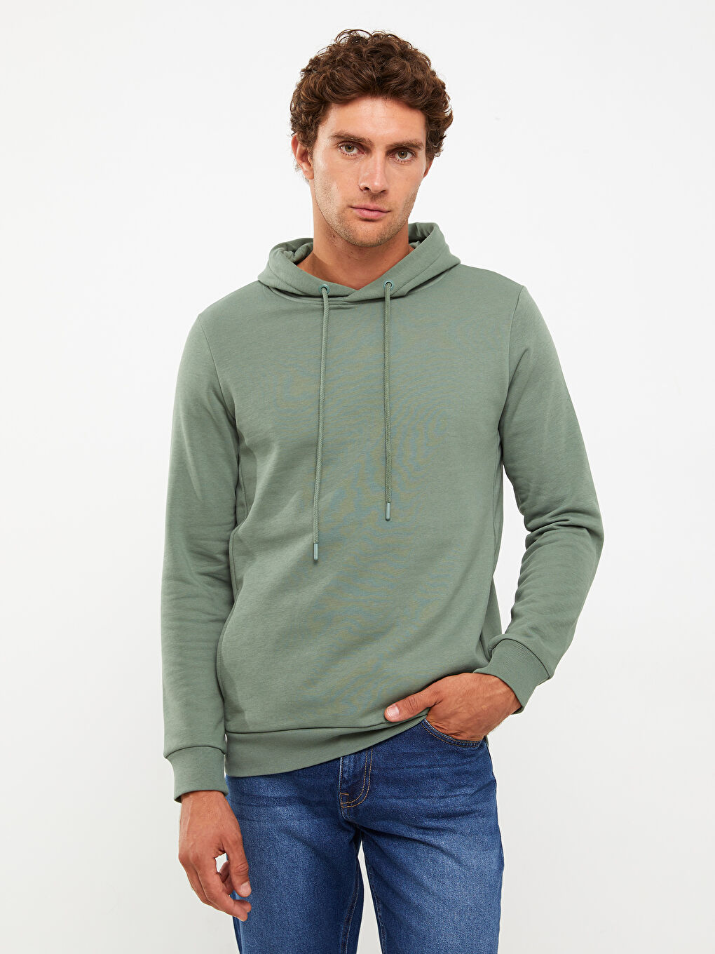 LCWAIKIKI Basic Yeşil Uzun Kollu Erkek Kalın Hoodie - 1