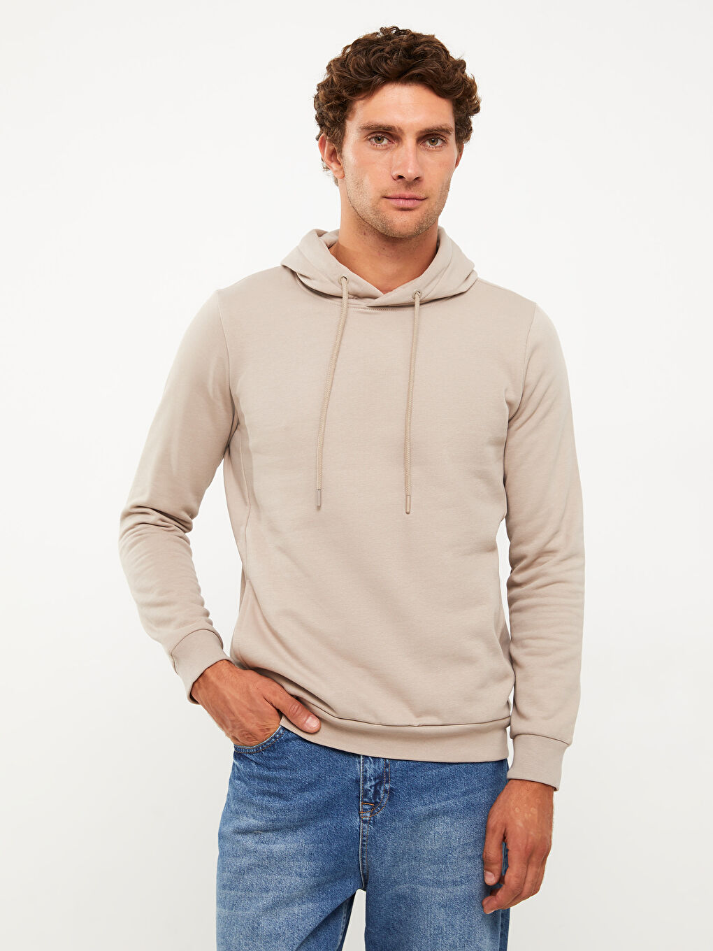 LCWAIKIKI Basic Bej Uzun Kollu Erkek Hoodie