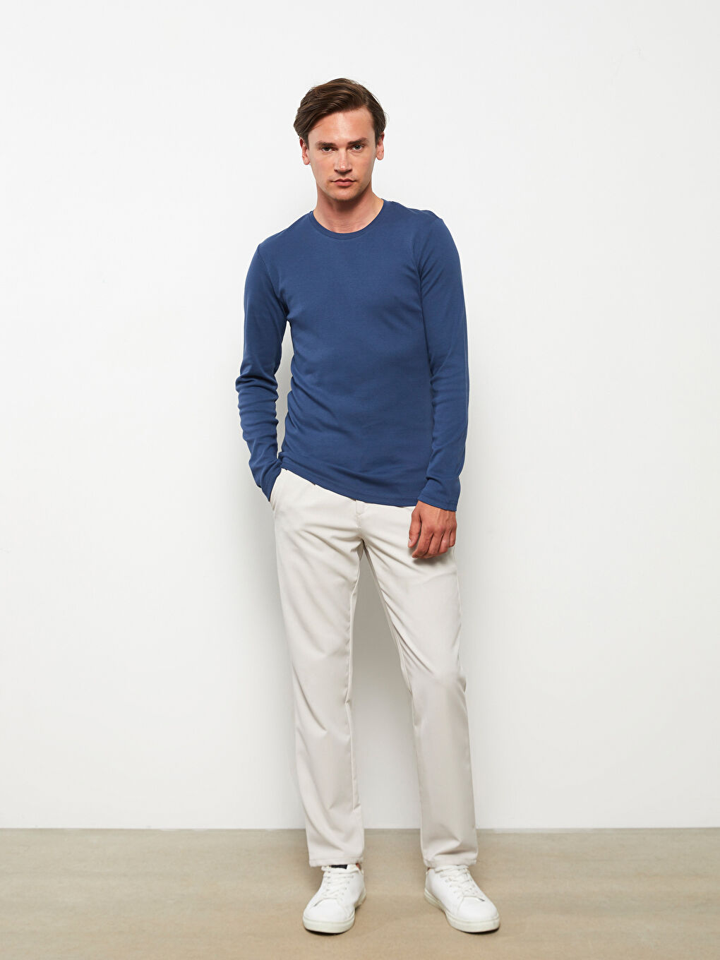 Lacivert Bisiklet Yaka Uzun Kollu Penye Erkek Tişört