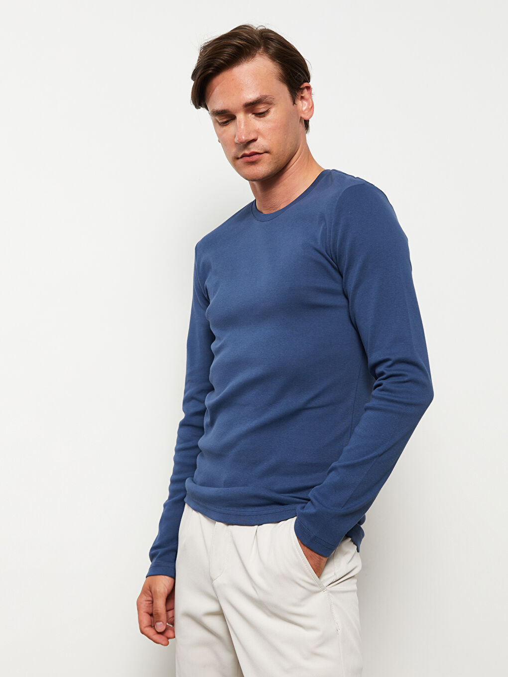 Lacivert Bisiklet Yaka Uzun Kollu Penye Erkek Tişört-2