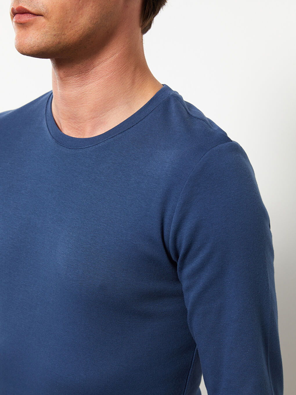 Lacivert Bisiklet Yaka Uzun Kollu Penye Erkek Tişört-3