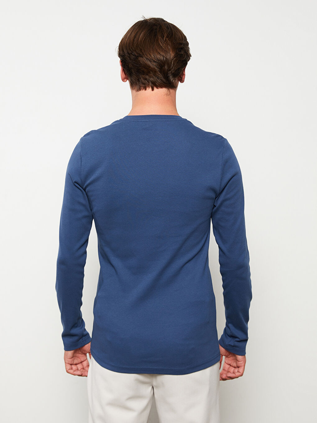 Lacivert Bisiklet Yaka Uzun Kollu Penye Erkek Tişört-4