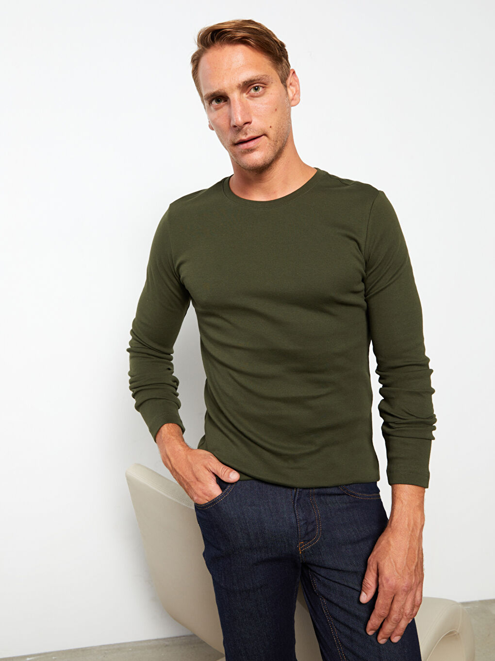 Haki Bisiklet Yaka Uzun Kollu Penye Erkek Tişört