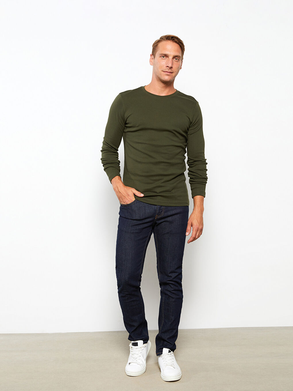 Haki Bisiklet Yaka Uzun Kollu Penye Erkek Tişört-1