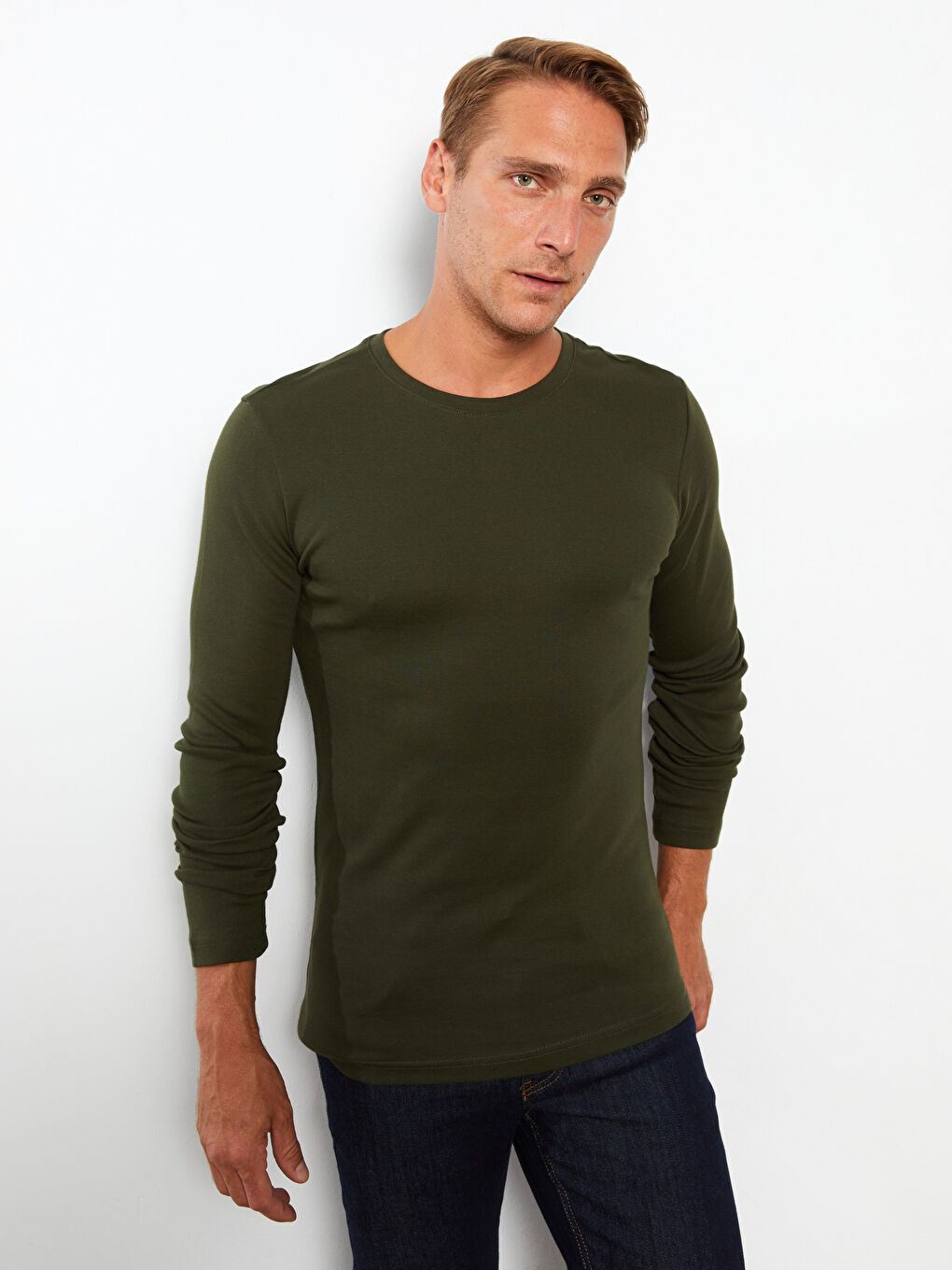 Haki Bisiklet Yaka Uzun Kollu Penye Erkek Tişört-2