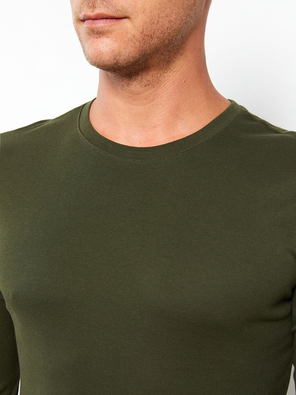 Haki Bisiklet Yaka Uzun Kollu Penye Erkek Tişört-3