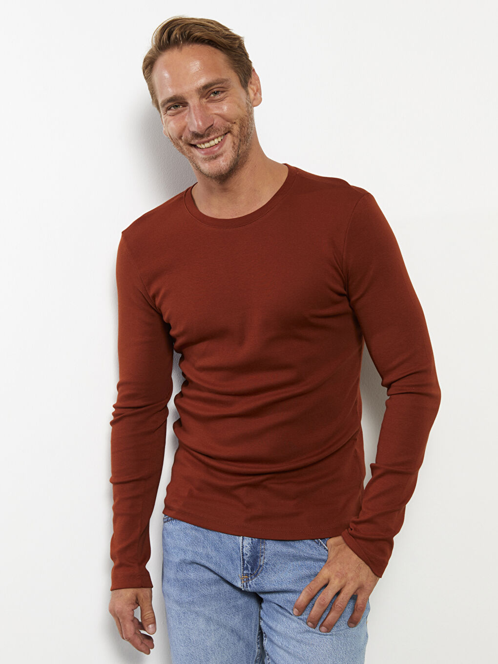 Kahverengi Bisiklet Yaka Uzun Kollu Penye Erkek Tişört-2