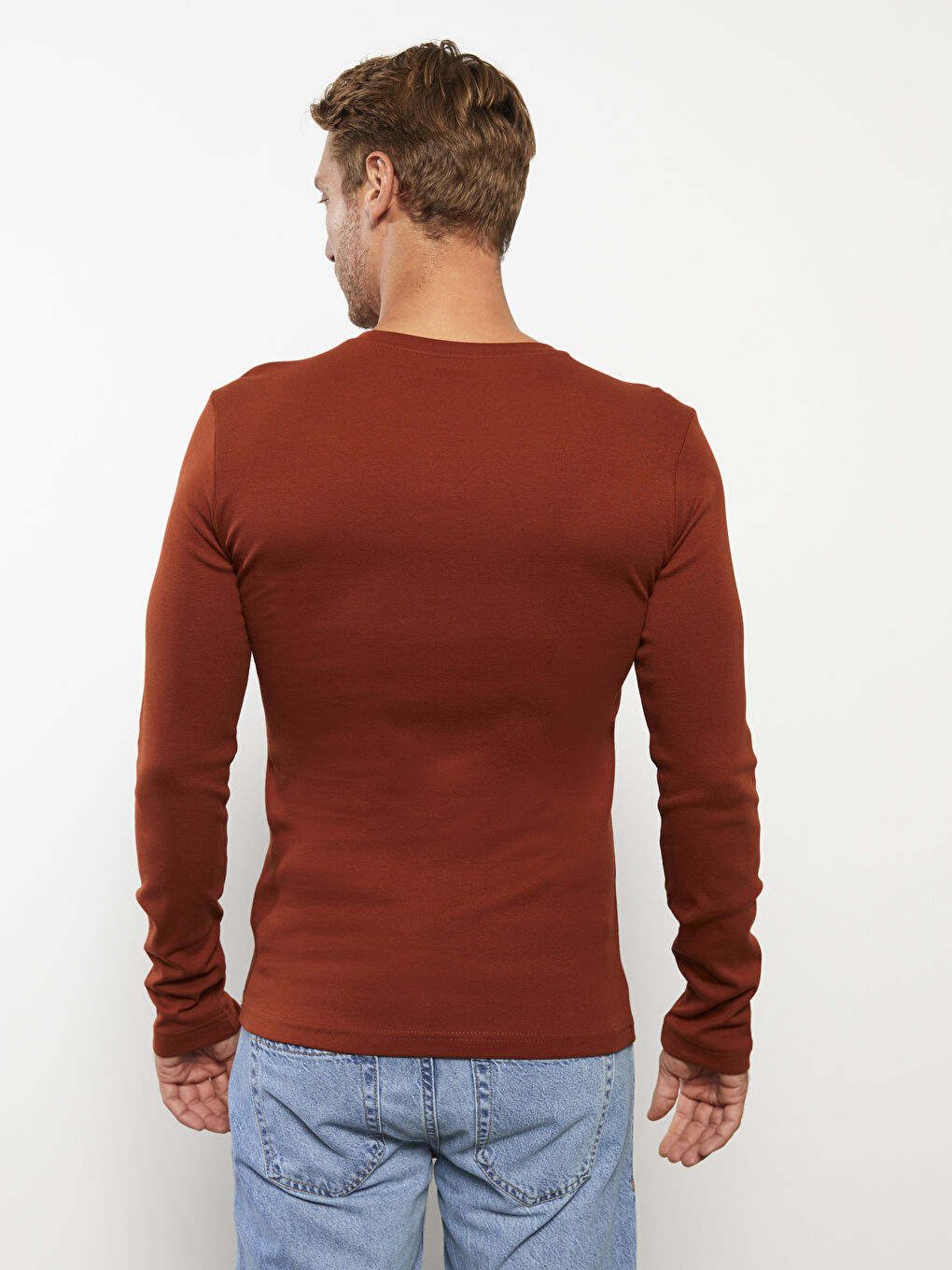 Kahverengi Bisiklet Yaka Uzun Kollu Penye Erkek Tişört-4