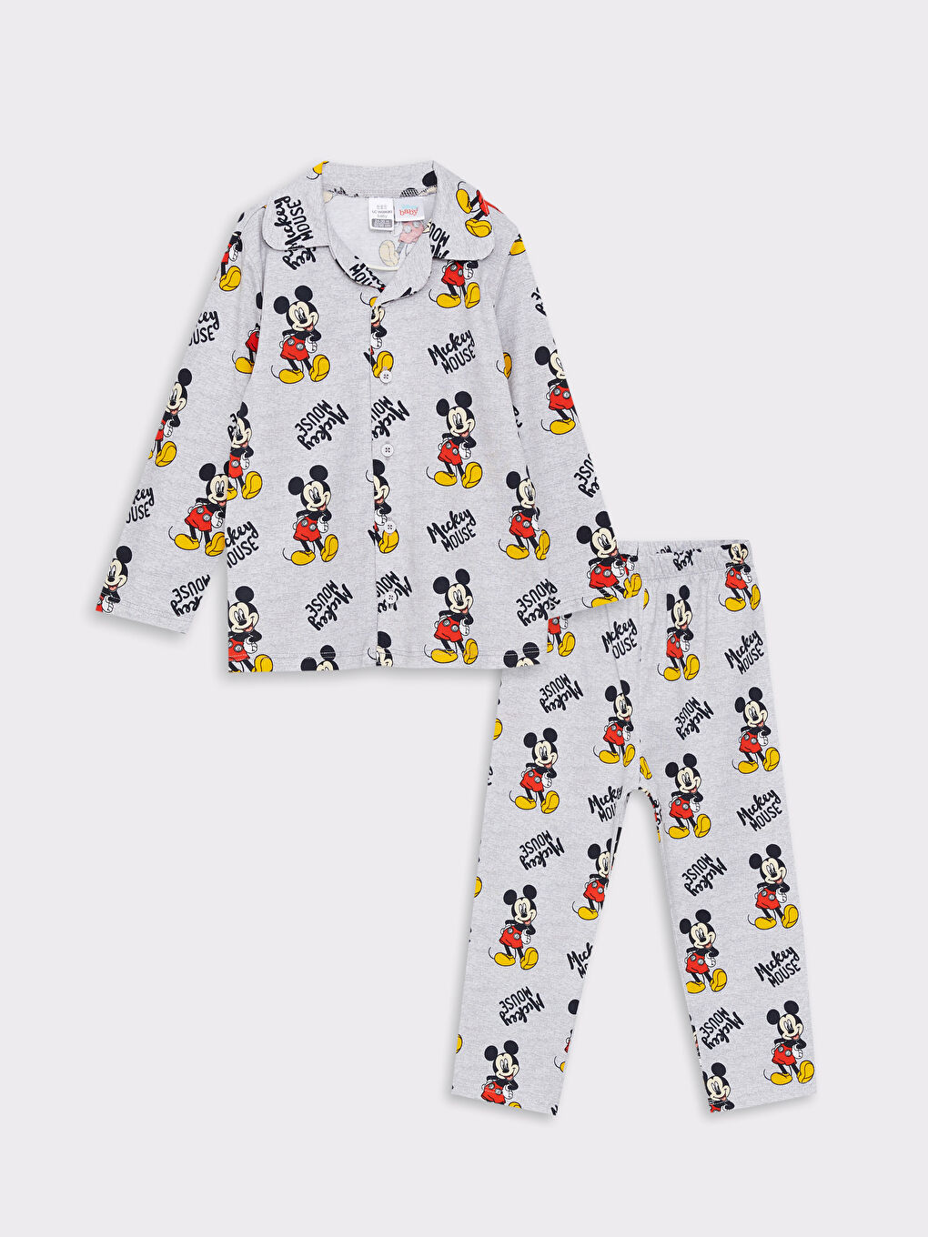 LCW baby Gri Melanj Baskılı Polo Yaka Uzun Kollu Mickey Mouse Baskılı Erkek Bebek Pijama Takımı