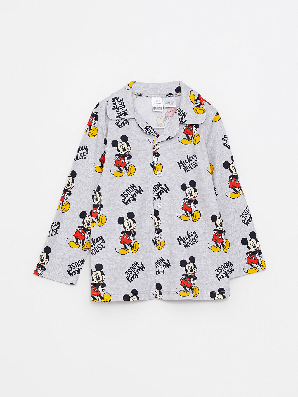 LCW baby Gri Melanj Baskılı Polo Yaka Uzun Kollu Mickey Mouse Baskılı Erkek Bebek Pijama Takımı - 1