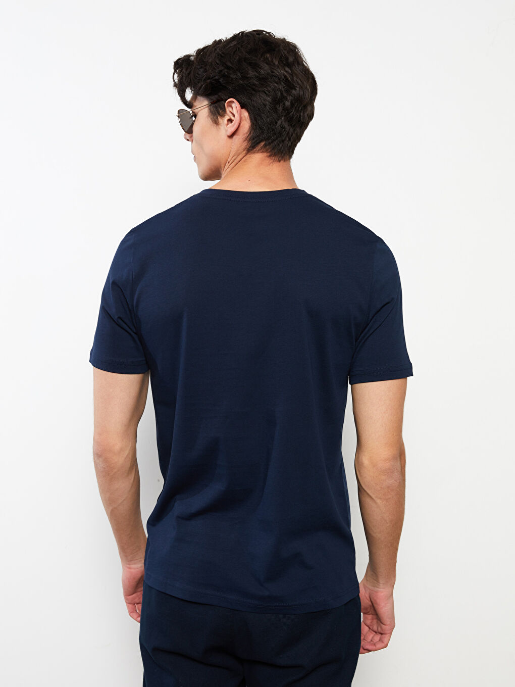 Lacivert V Yaka Kısa Kollu Penye Erkek Tişört-4